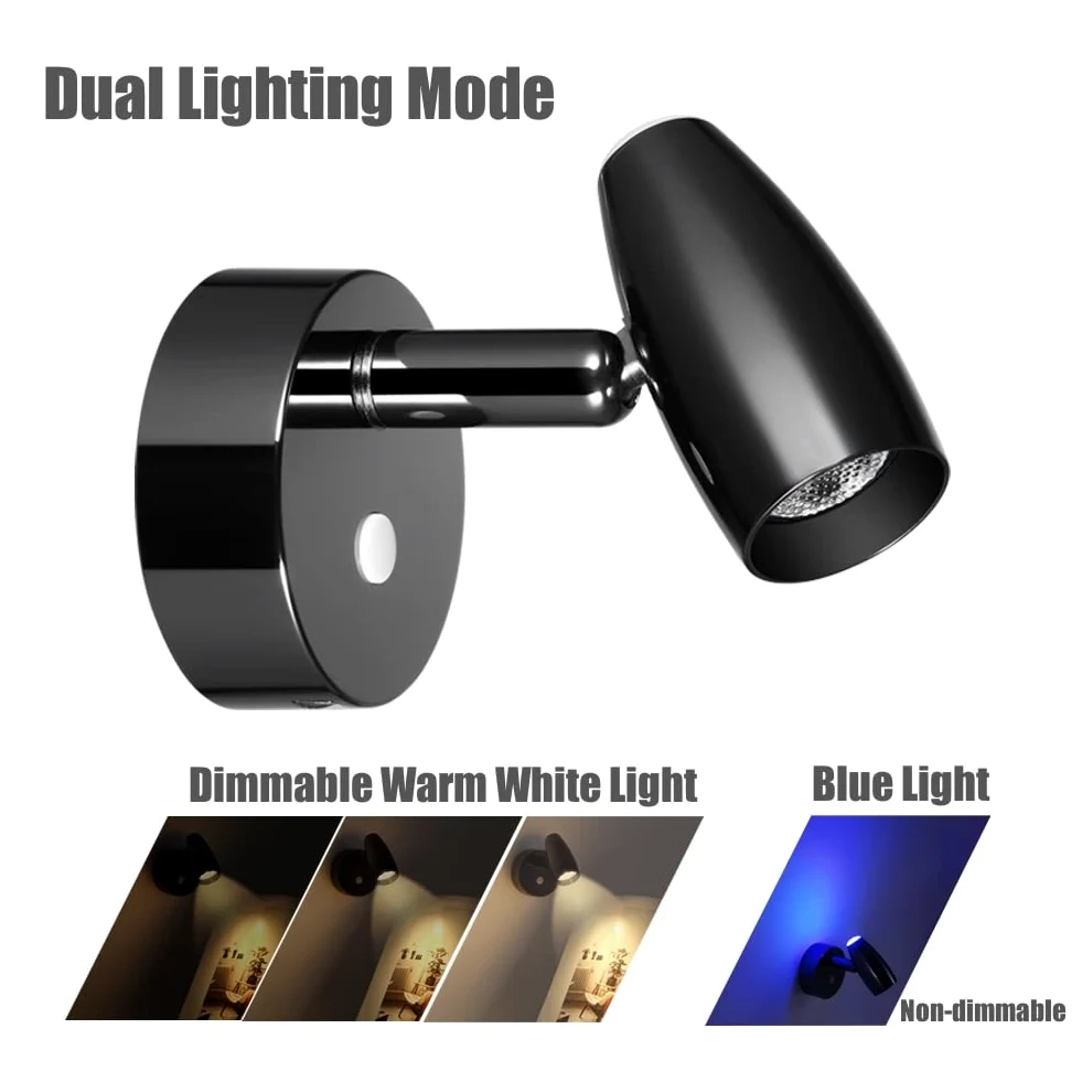 12V Lampade da Lettura LED Campercon Caricatore USB & Luce notturna blu, Girevole Spot Barca Lampada da Parete da Comodino Dimmerabile, Per Caravan Furgone Van, 12-24V DC Nero lucido