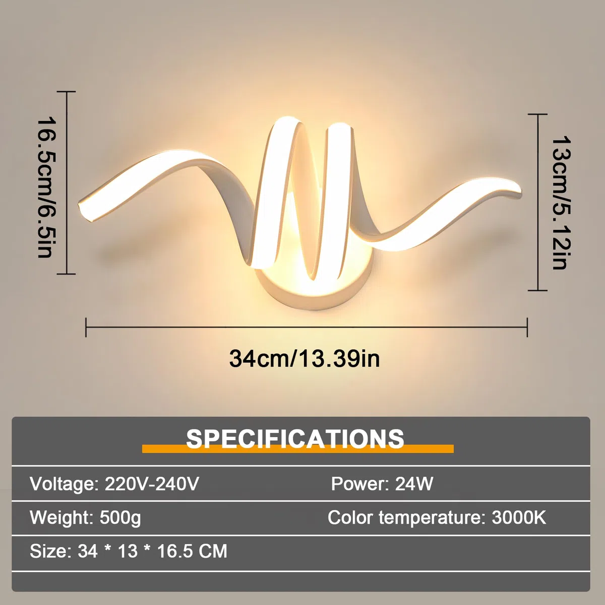 Goeco Applique da Parete Interno, 24W 2700LM 35 CM Lampada da Parete a Spirale in Acrilico 3000K Luce Bianco Calda, Applique LED a Muro Moderna per Camera Letto Soggiorno Corridoio, Bianco