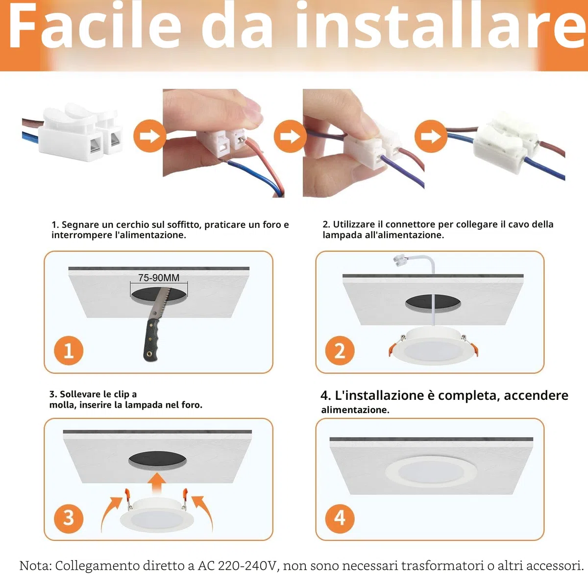 Tomosu Faretti LED da Incasso per Cartongesso, 5W 450LM Luci da Soffitto Interno, Luce Naturale 4000K, Faretto led incasso IP44, Diametro Foro Ø75-90mm, AC 220-240V, Set di 10