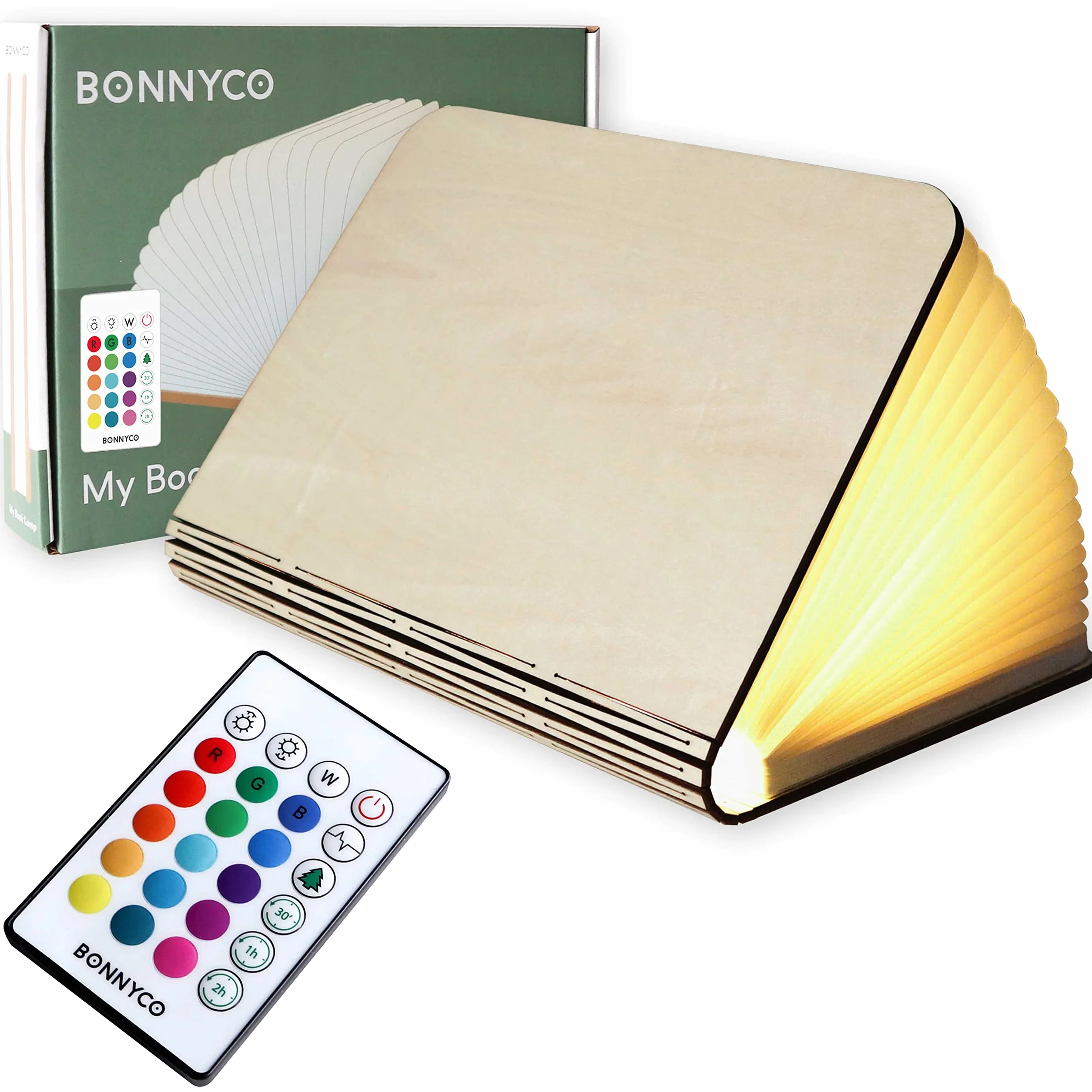 BONNYCO Lampada Libro Led Pieghevole in Legno con Telecomando 16 Colori e Timer. Lampada Libro Decorazioni Casa, Camera da Letto e Ufficio. Idea Regalo Originale, Donna, Uomo per Compleanno Natale