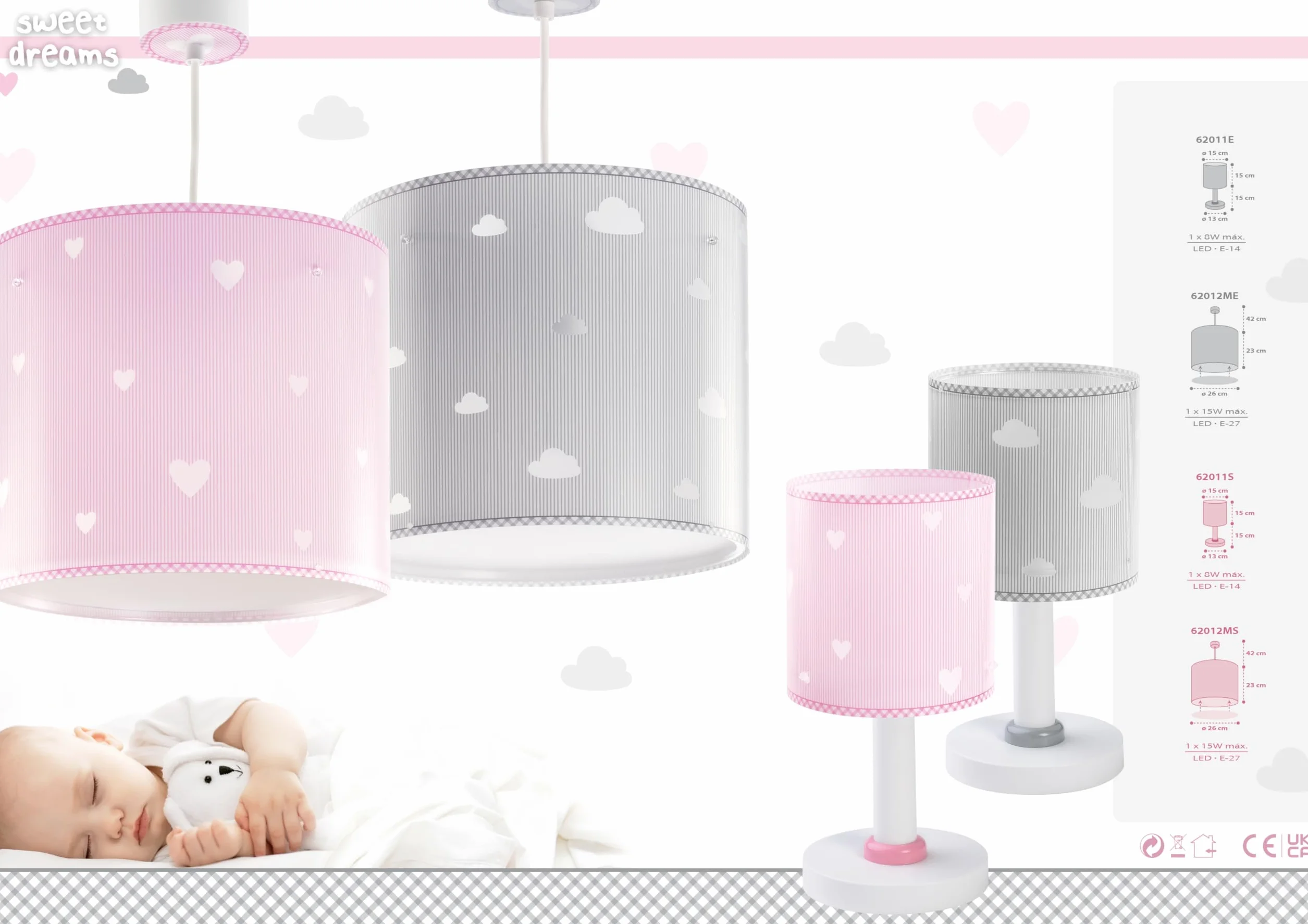 Dalber Lampada da tavolo o comodino per bambini Sweet Dreams Cuori rosa