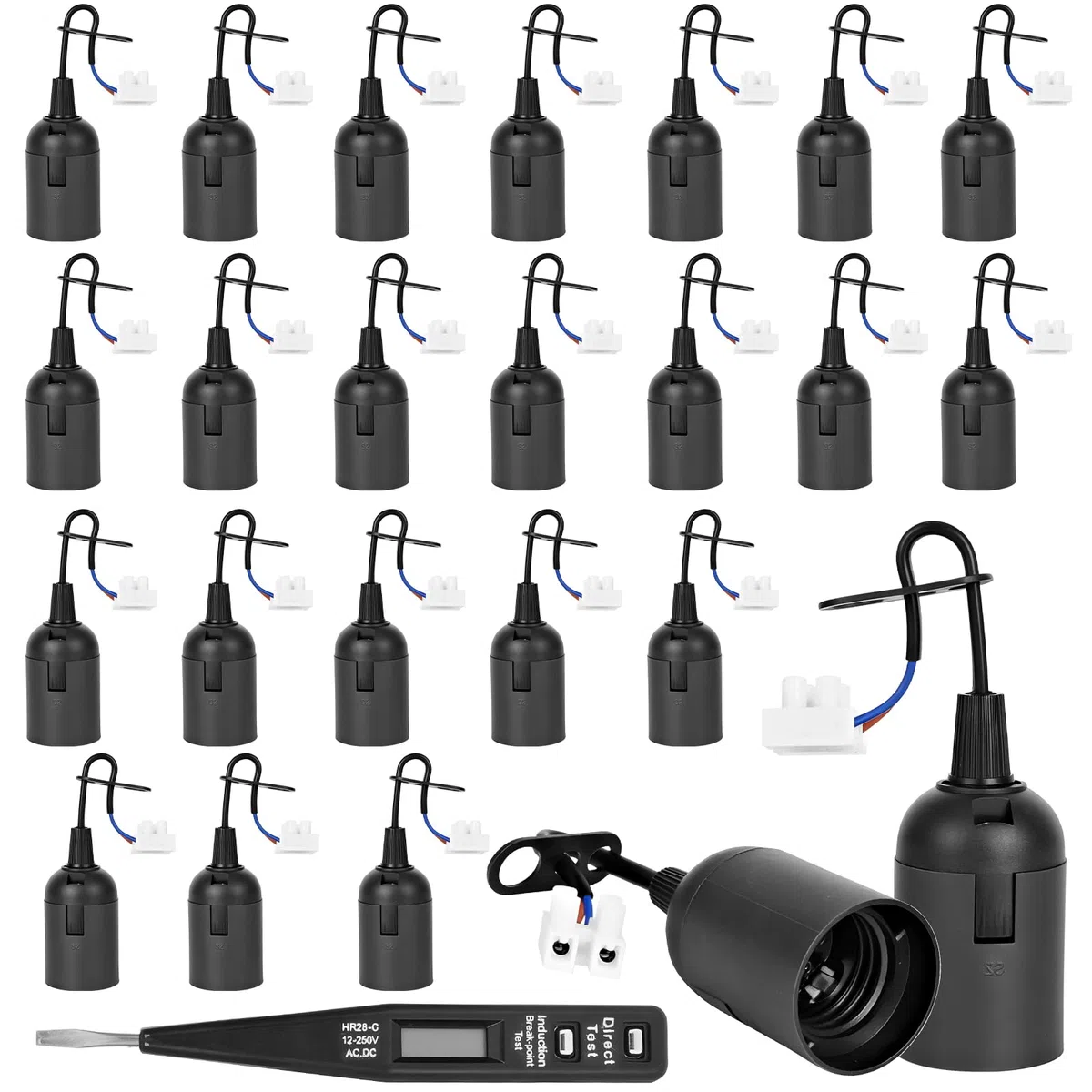 24 Pezzi Portalampada E27 Porta Lampadina Base della Lampadina con Tester di Tensione Supporto della Lampada per Cantiere Lavori Ristrutturazione Adatto per Lampade a Sospensione in Soggiorno Cucina