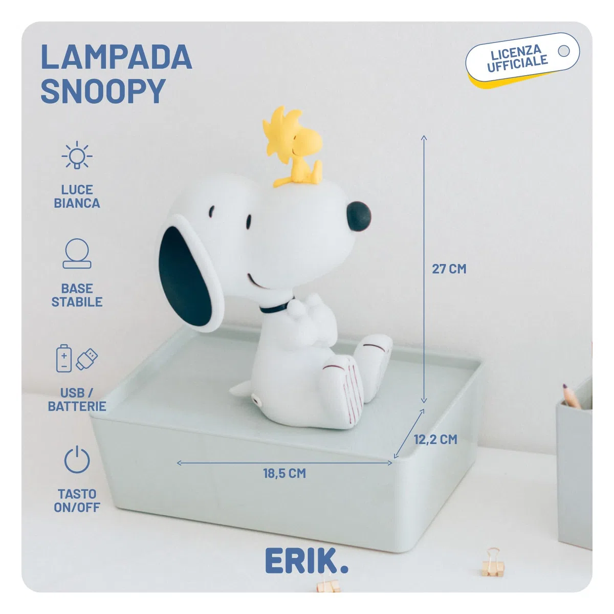 Grupo Erik Lampada Snoopy Peanuts - Lampada da Scrivania e Comodino con Luce LED, Luce Notturna Bambini Snoopy Gadget | Cavo USB o Pile AAA (12,2 x 26,7 x 18,5 cm)