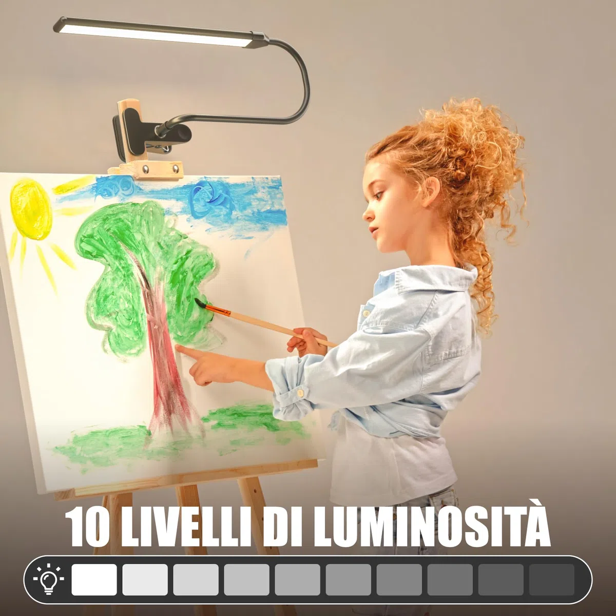 Lampada con Pinza Morsetto per Pittura Artistica, 3 Modalità Colore, 10 Livelli Luminosità, 300lm Luce da Lettura per Dipingere e Disegnare con Braccio Flessibile, Alimentazione USB