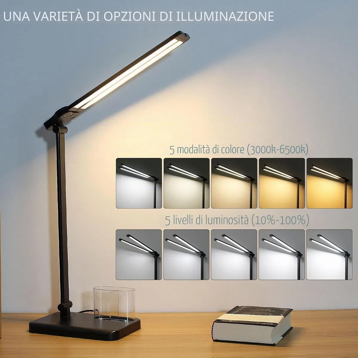 iVict Lampada Da Scrivania LED, 5 Modalità d'illuminazione 10 Livelli di Luminosità, Funzione di Memoria, Due Porte di Ricarica, Funzione Timer per Lettura, Cameretta, Ufficio, Bianca