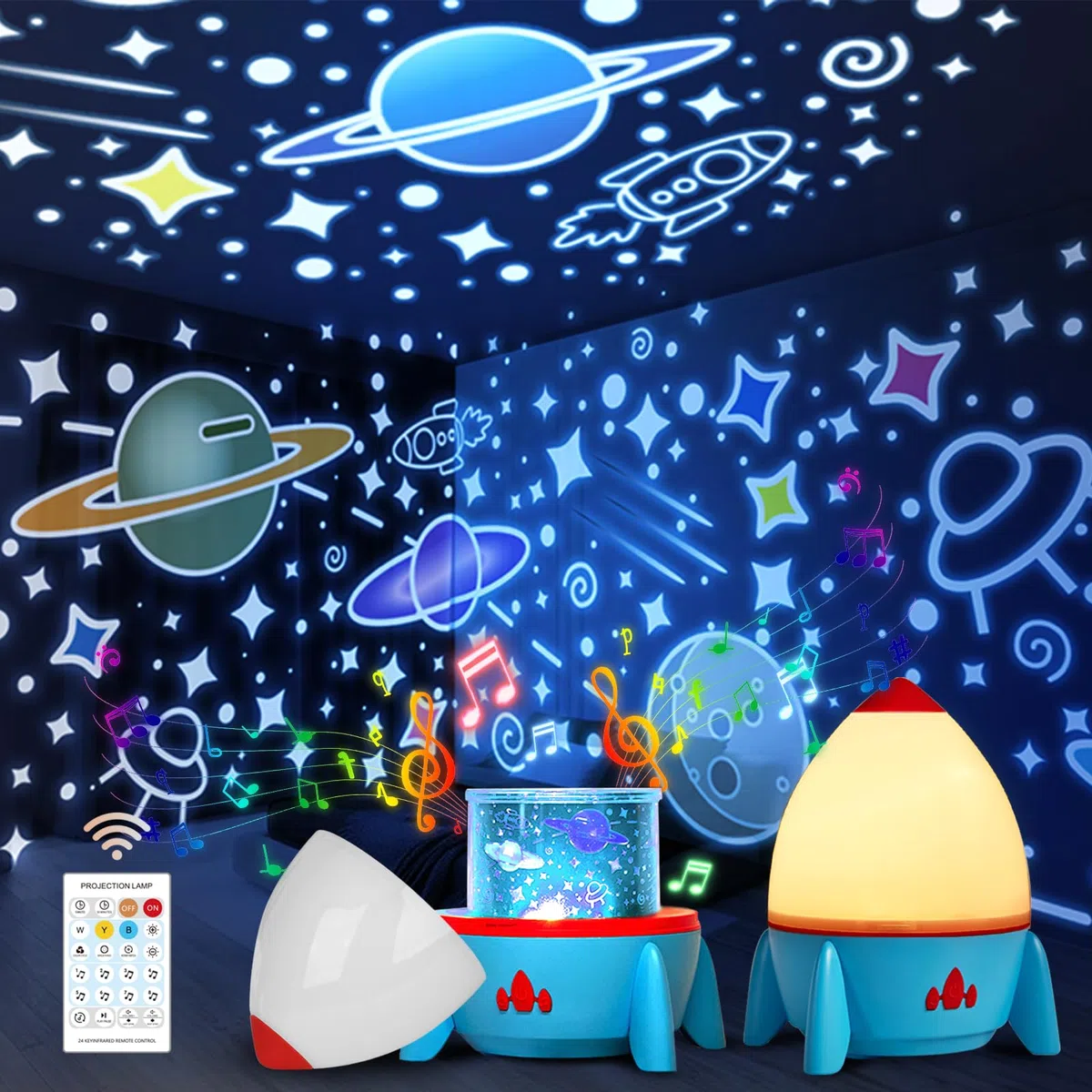 Luci Notte per Bambini, 360°Rotazione Musicale Razzo Luce Notturna Bambini Proiettore, 8 Modelli+Telecomando+Timer, USB Ricaricabile Proiettore Stelle Soffitto, Regalo di Compleanno Regalo di Natale