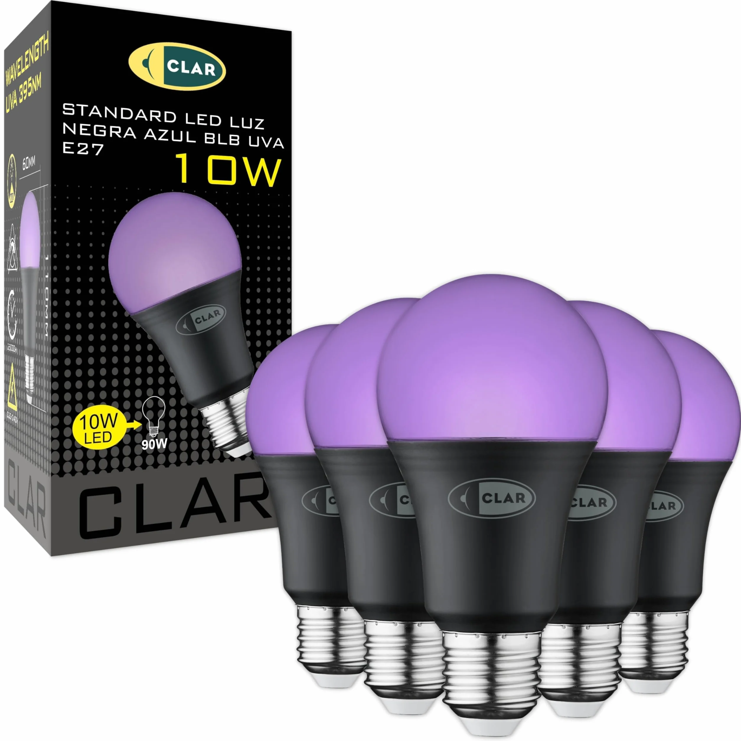 CLAR Luce nera LED – Disco Black Light Lamp, lampadina UV E27, 10 W (confezione da 5)