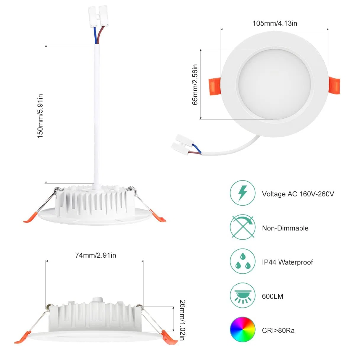 Tailcas Faretti Led da Incasso per Cartongesso 6000K, 6w 600lm IP44 Ultra Slim Faretto da Incasso Bagno, 26mm Bianca Naturale Luci Ultrasottili da Soffitto Integrati, Foro Φ 75-95mm