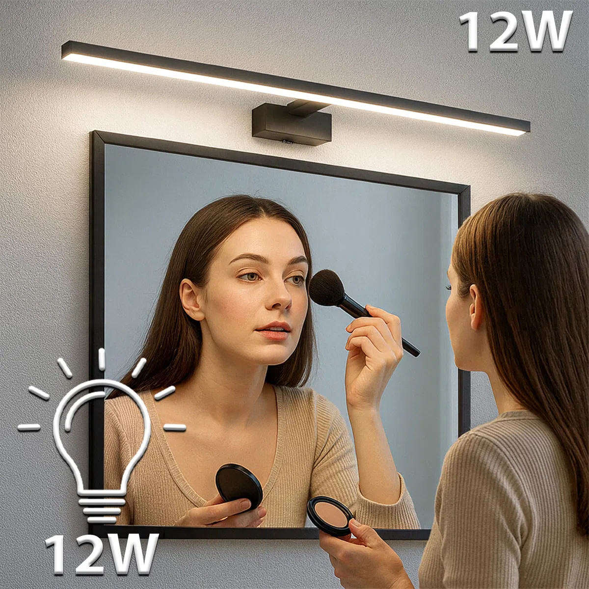 MAKA Luce Specchio Bagno LED 12W 840 Lumen, Lampada Bagno Specchio 4000K, Applique Specchio Bagno 60 cm Bianco/Nero IP20, Illuminazione Bagno per Make-Up e Rasatura (Nero, 4000K)