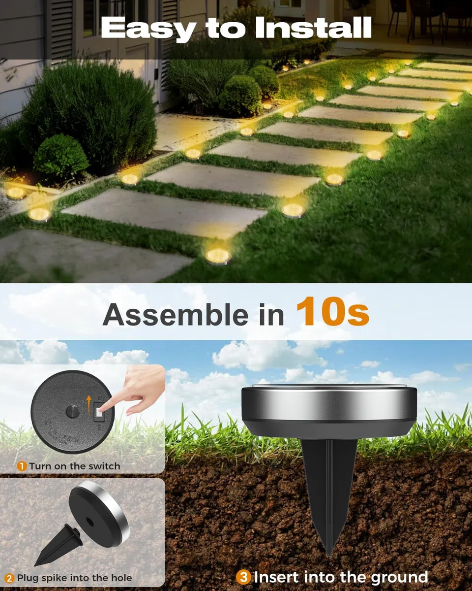 btfarm 8 Pezzi Luci Solari da Giardino, 8 LED Faretti Sepolta Solari a Led da Esterno, IP65 Impermeabile Lampade Faretto Solare da Terra per Prato Vialetto Cortile Strade Paesaggio, Bianco Caldo