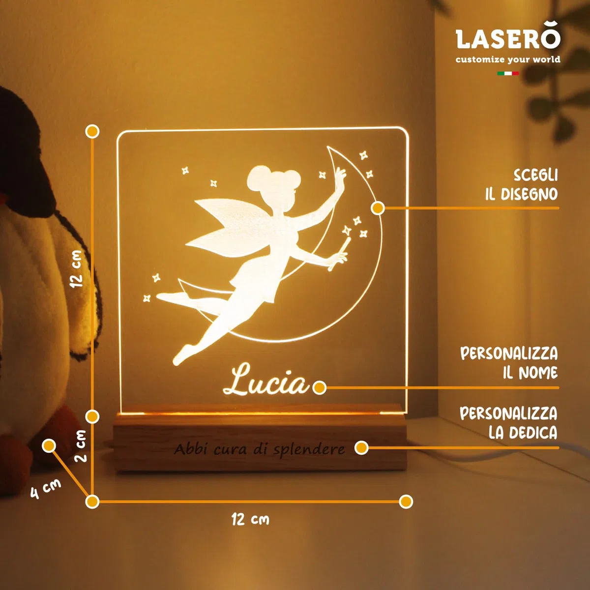 LASERO' Lampada Personalizzata con Nome in Plexiglass Inciso – Luce Notturna Personalizzata Bambina – Lampada Cameretta Bambini con Base in Legno – Idea Regalo Nascita o Battesimo