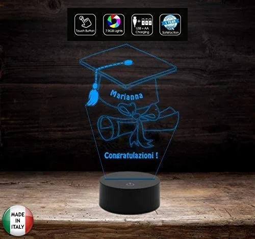 Generico Idea Regalo Laurea Lampada LED 7 Colori Tocco Personalizzabile con Nome da Scrivania in Acrilico e ABS
