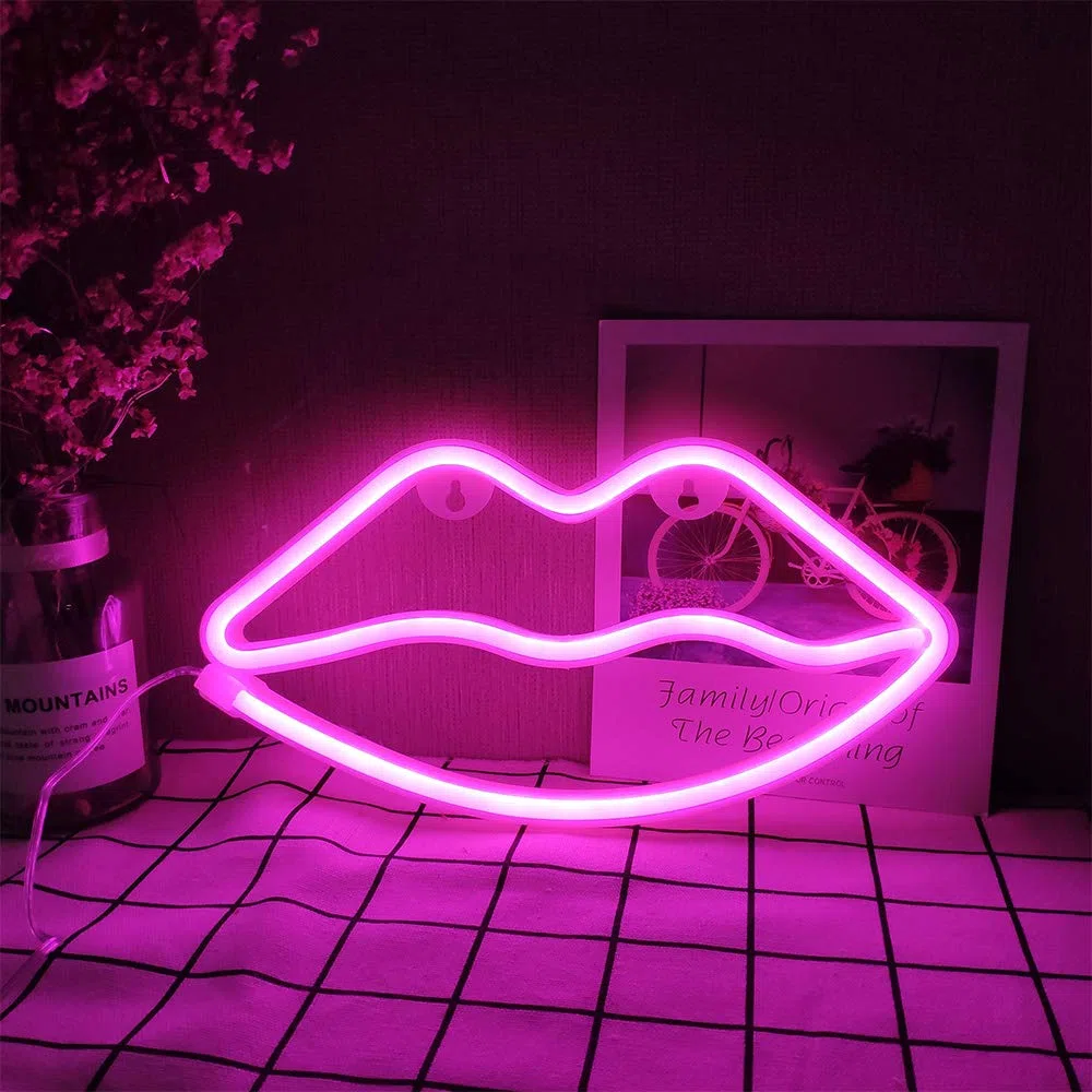 ENUOLI Pink Lip Insegne al neon Luce notturna al neon Applique da parete al neon Led Arte decorativa Luci al neon Lampada a led a batteria o USB per la festa di Natale Compleanno Matrimonio