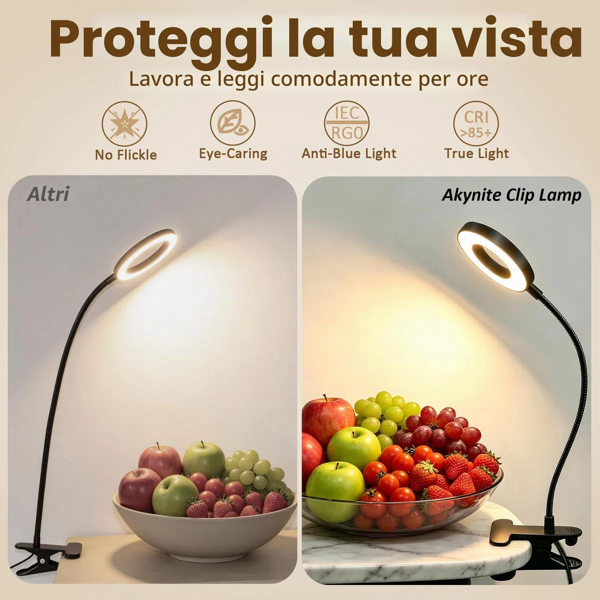Akynite Lampada da Scrivania USB con Pinza e Timer, Adattatore incluso, 5 Colore 10 Intensità, Lampada Pinza Nera, 48 LED Lampada con Clip, Flessibile Lampada da Lettura Letto