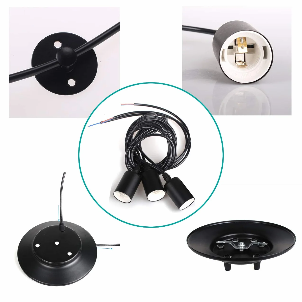 iDEGU Lampadario a Sospensione, Retrò Industriale Lampada da Soffitto con 3 Bracci a Stile Ragno Creativo DIY Lampada a Sospensione Vintage con Attacco E27 per Soggiorno Camera da Letto, 150CM, Nero