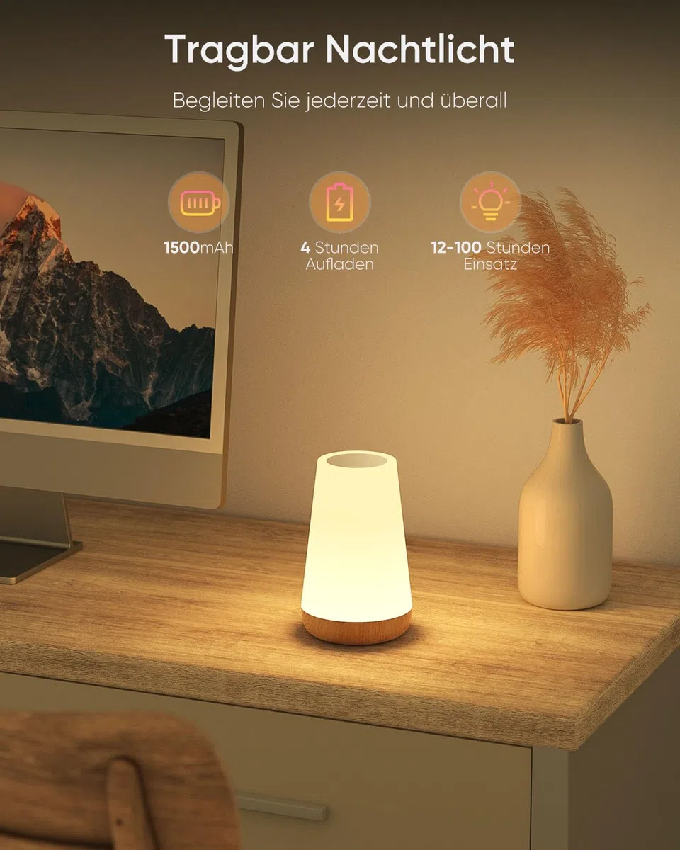 Bonsery Set di 2 lampade da comodino LED Touch dimmerabile USB ricaricabile con telecomando, luce notturna per bambini con 13 colori, 3 modalità, lampada da tavolo senza fili con timer per camera da