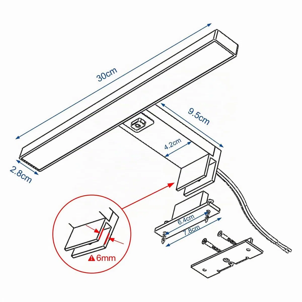 DEELUX Lampada a LED per specchio da bagno con interruttore, 30 cm, 500 lm, 5 W, 6000 K, bianco freddo, illuminazione per armadio a specchio, 230 V, luce per trucco, armadio, lampada da parete IP44