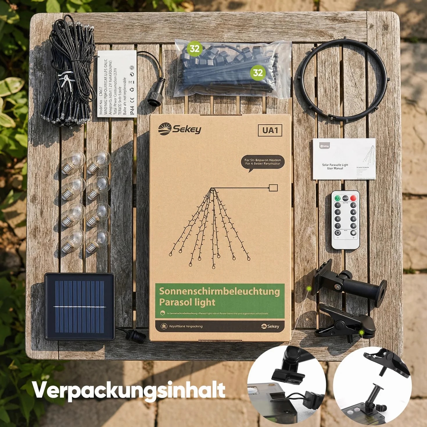 Sekey Luci per Ombrellone da Esterno Solare con 136 LED & 8 Lampadine, Catena di Luci per Ombrellone, Valida anche per Ombrellone Decentrato, 8 Modi + Telecomando, per Terrazzo Spiaggia