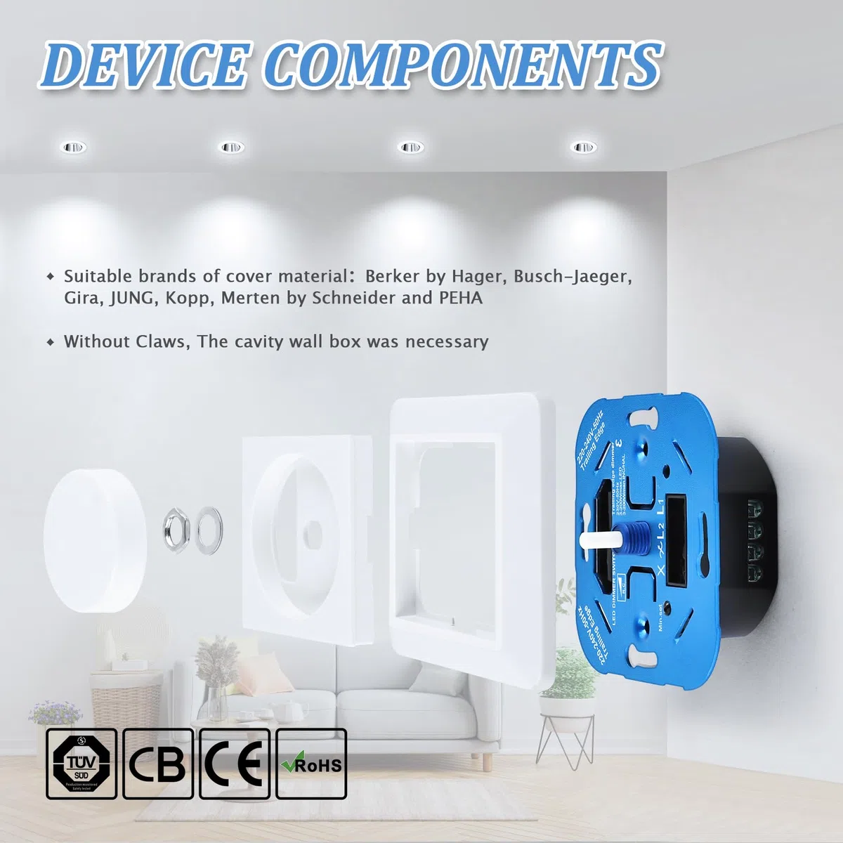 YindaLux dimmer per LED 220V, interruttore da incasso per LED dimmerabili 3-200W / alogeni 3-200W, interruttore dimmer, bianco
