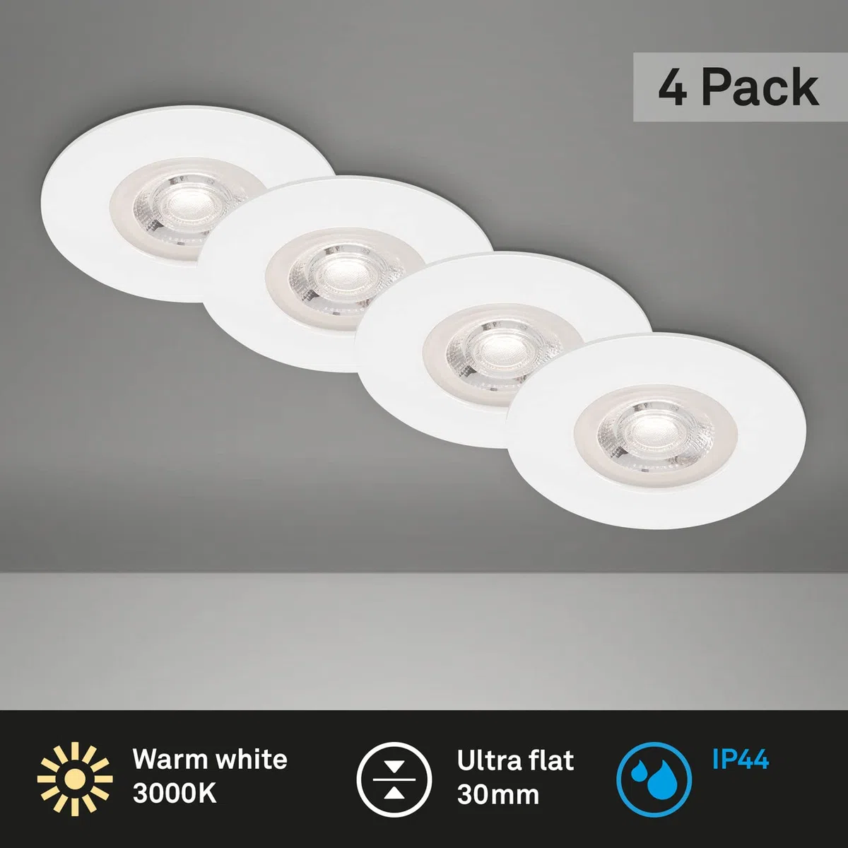 BRILONER - Set di 4 luci LED da incasso a soffitto, luci da incasso ultrapiatte, faretti da incasso per bagno, faretti da incasso per bagno IP44, bianco opaco, 90x25 mm (DxH)