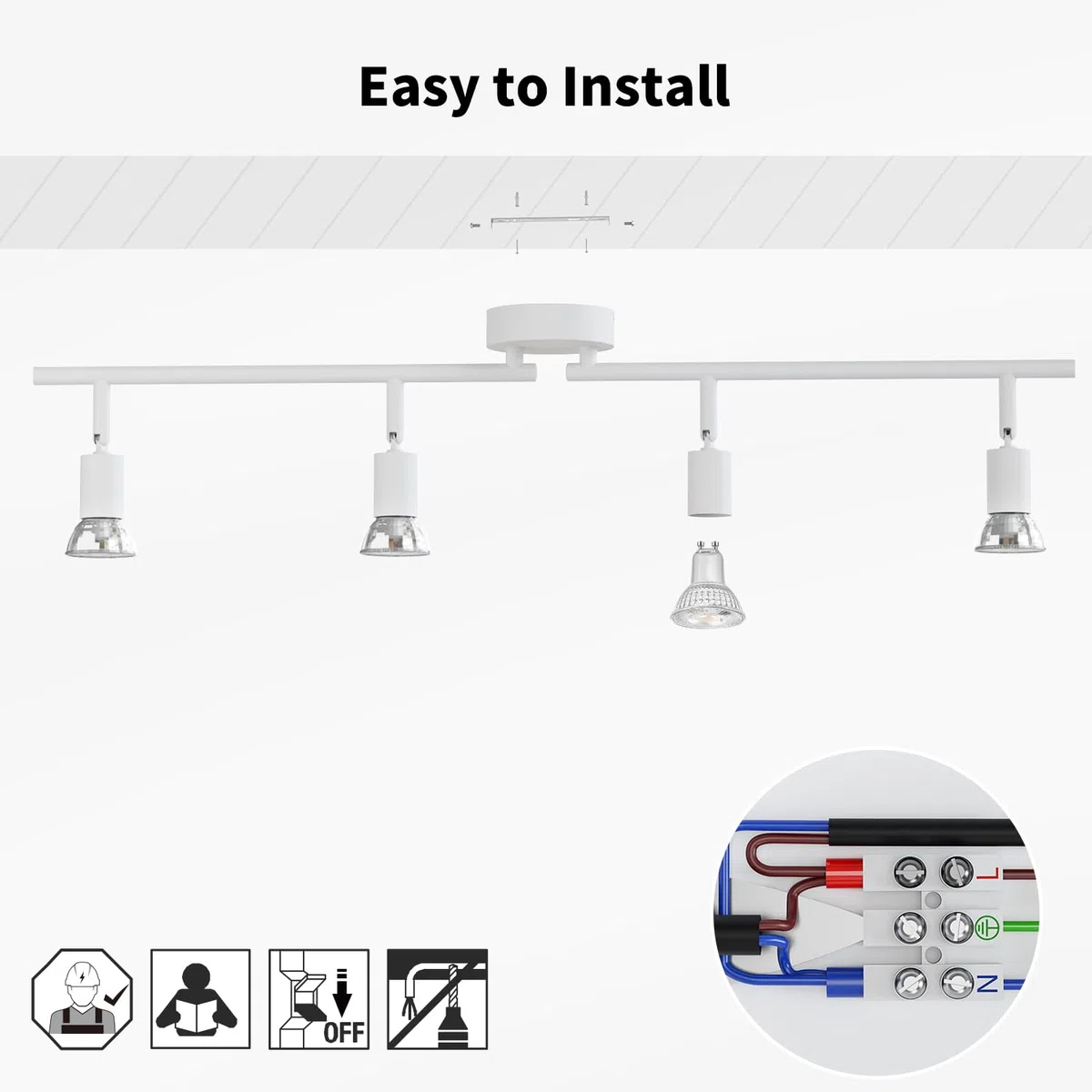 LVWIT Faretti LED da Soffitto Orientabili con 4 Luci GU10, Faretto da Interno Bianco Moderna, Faretti Soffitto per Barra, Salotto,Cameretta, Cucina (Senza Lampadina)