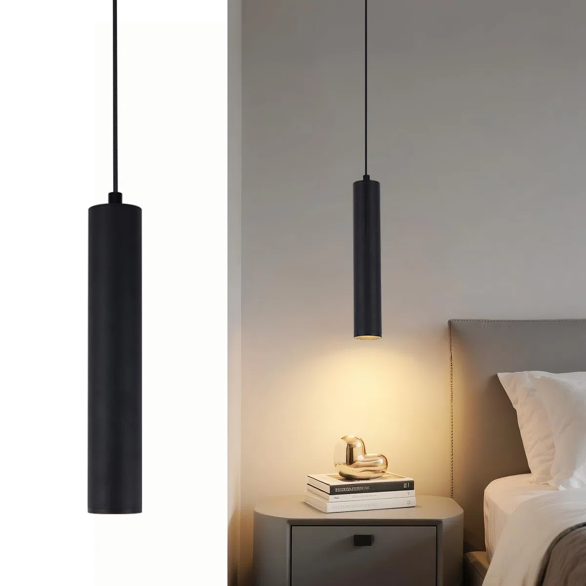 Lampada a Sospensione Cilindro GU10 5W Bianco Caldo, Comodino Camera da Letto, Moderna per Cucina Soggiorno Ristorante, Nero, 30cm, 1 Pezzo