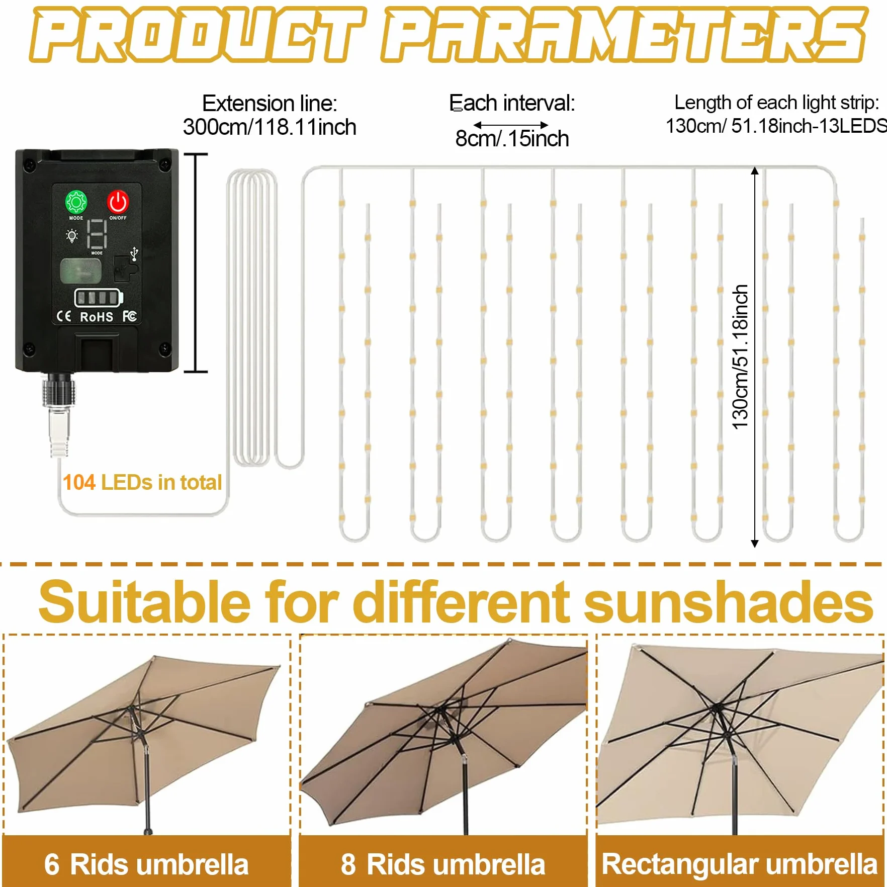 VEEKAY Luci Solari per Ombrellone,Llluminazione Solare per Ombrellone,104 LED Luci per Ombrelloni da Esterno,Telecomando,IP67 Impermeabile Catena di luci,8 Modalità di Luminosità,per Esterni,Patio