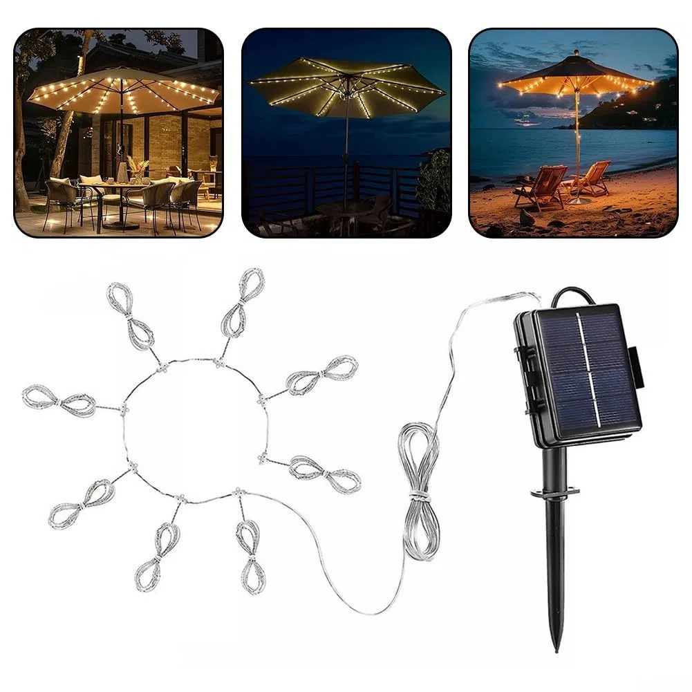Ombrellone da Patio con LED a Energia Solare, Luci per Parasole a Energia Solare, Striscia Luminosa per Ombrellone da Giardino con Luce Colorata per Patio e Spiaggia (Bianco Caldo)