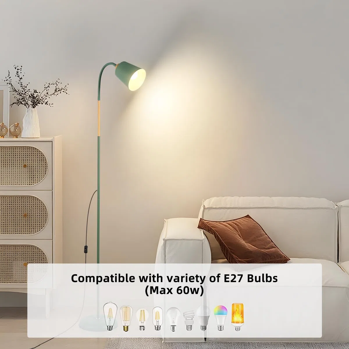 ANTENLICHT VILI | Lampada a stelo per soggiorno, attacco E27, max. 60 W, altezza 159 cm, lampada da lettura con cavo da 200 cm, senza lampadina, camera da letto e studio, verde