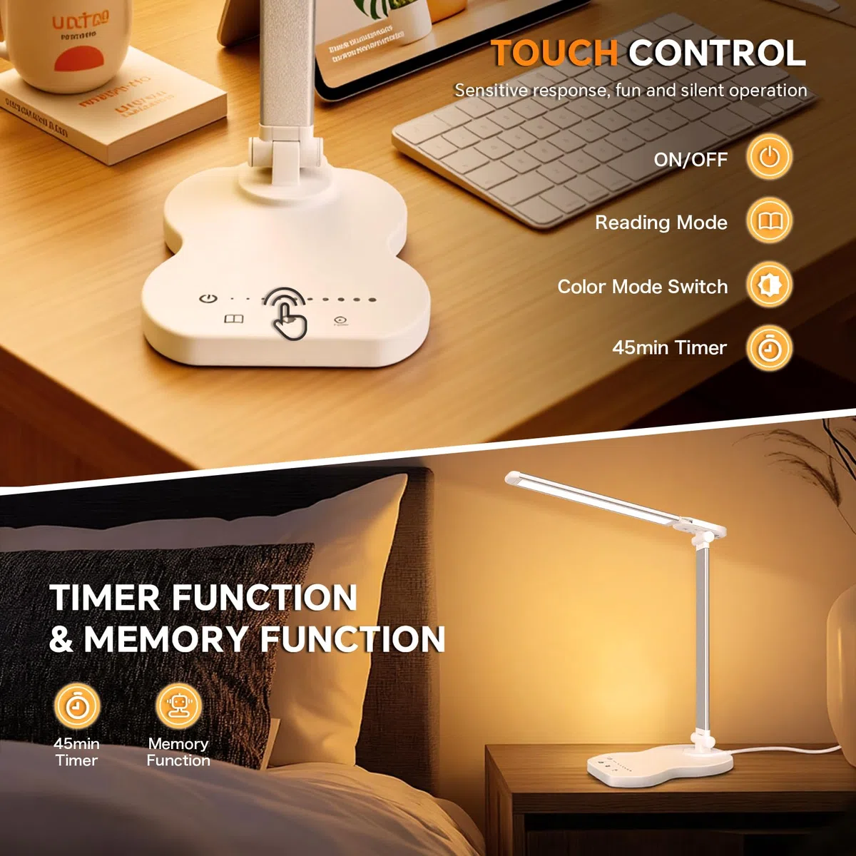 Caldarax Lampada da Scrivania LED, Lampada da Tavolo, 5 Colori e 10 Livelli di Luminosità, Porta USB/Timer/Tocca Controllo, Lampade da Comodino Pieghevole per Lettura, Lavoro, Studiare(Bianco)