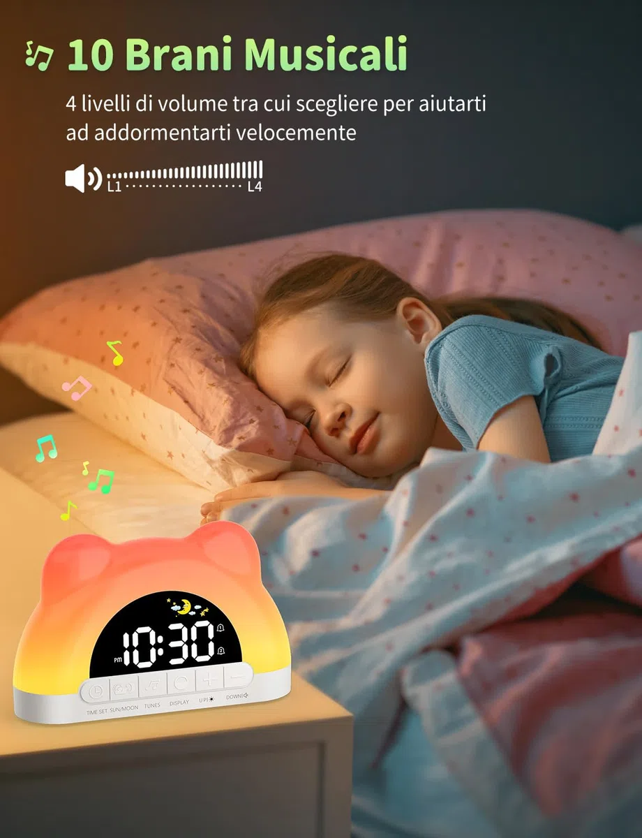Sveglia Digitale per Bambini 12/24 Ore, Sveglia da Comodino con 11 RGB Luce, 5 Livelli di Luminosità, Doppia Modalità Giorno/Notte, per Allenamento del Sonno