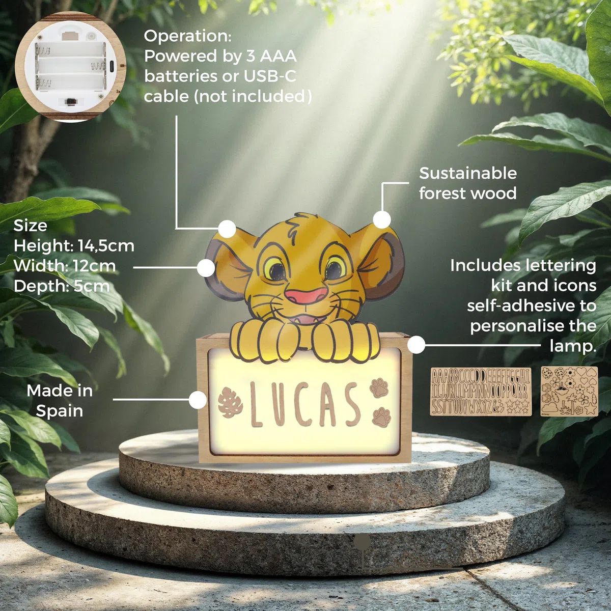 WONDEE Disney Lampada Re Leone Simba Bambini Personalizzata Con Nome e Disegni da Film - Luce Notturna Bambini Simba, Regalo Bambini e Neonato, Regalo Battesimo Bimbo e Bimba, Disney Regalo Re Leone