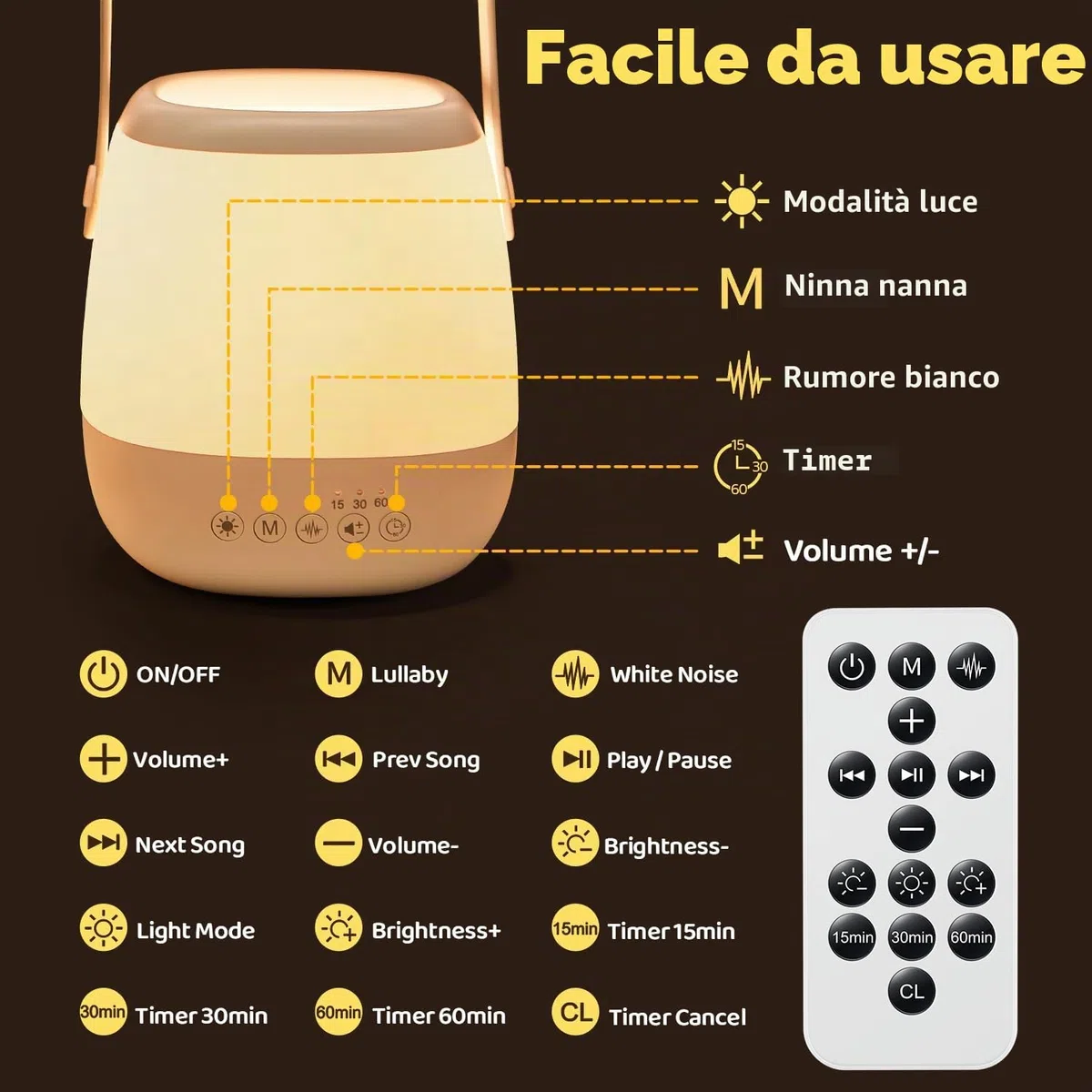 One Fire Lampada da Comodino, 16 Colori 5 Luminosità Luce Notturna Neonato,16 Rumore Bianco 6 Lullaby Lampade da Comodino, Telecomando Timer Lampada Notturna Bambini,USB Ricaricabile Lampada Comodino