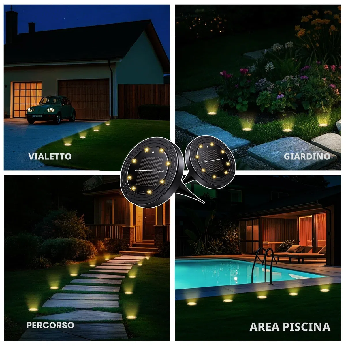 NIBSHOOM 8 Pezzi Luci Solari da Giardino, IP68 Impermeabili Faretti Solari a Led da Esterno, 8 LED Lampade a Lunga Durata, Luci Esterno per Giardino, Terrazze (Bianca Calda)