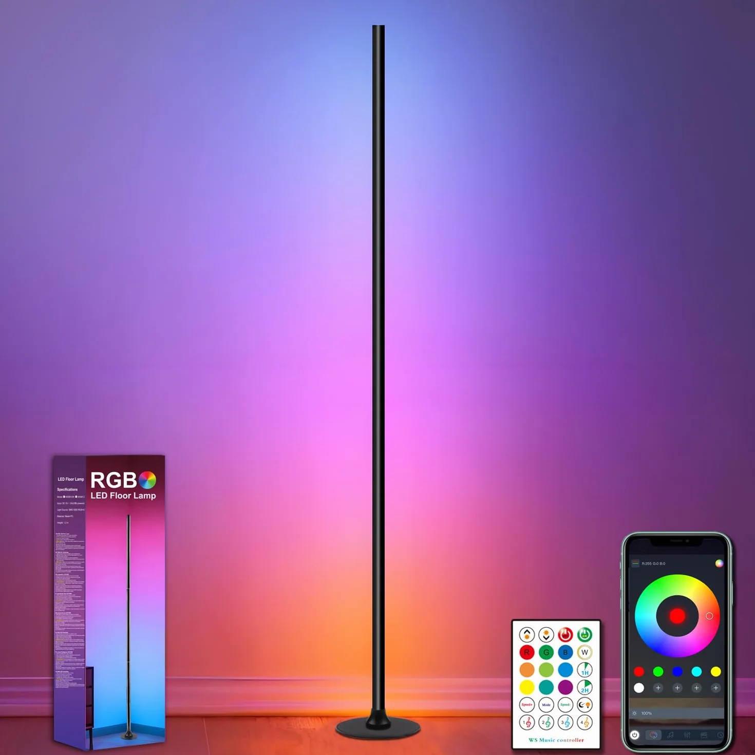 Lampade da Terra 1 pezzi,1.2m,RGBW Lampada da Terra LED con Telecomando e APP,16 Milioni di Colori,Sincronizzazione Musicale,234 Modalità Dinamiche,Lampada da Angolare per Camera,Soggiorno,Nero