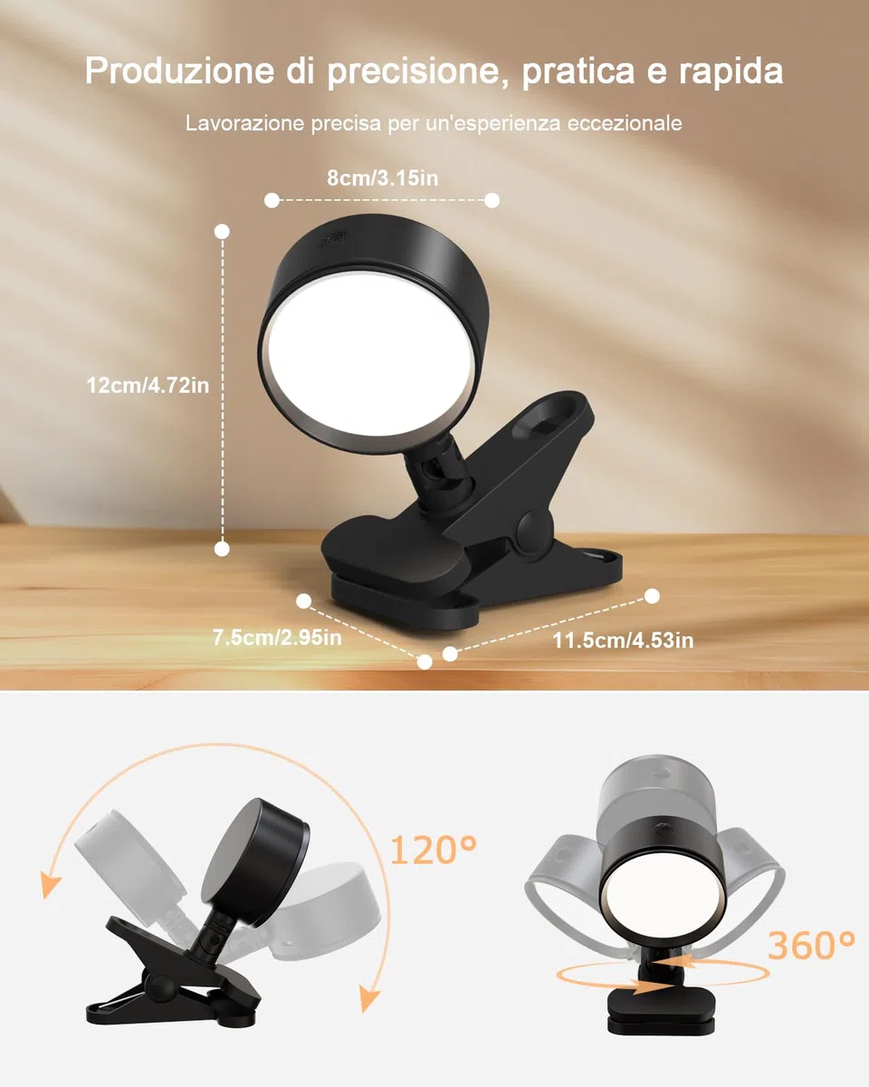 LED Lampada con Pinza Senza Fili con Ricaricabile Batteria da 5000mAh, Lampada da Lettura con Pinza con Dimmerabile & 3 Temperature Colore, USB Lampada con Pinza per Letto Tocco & Telecomando