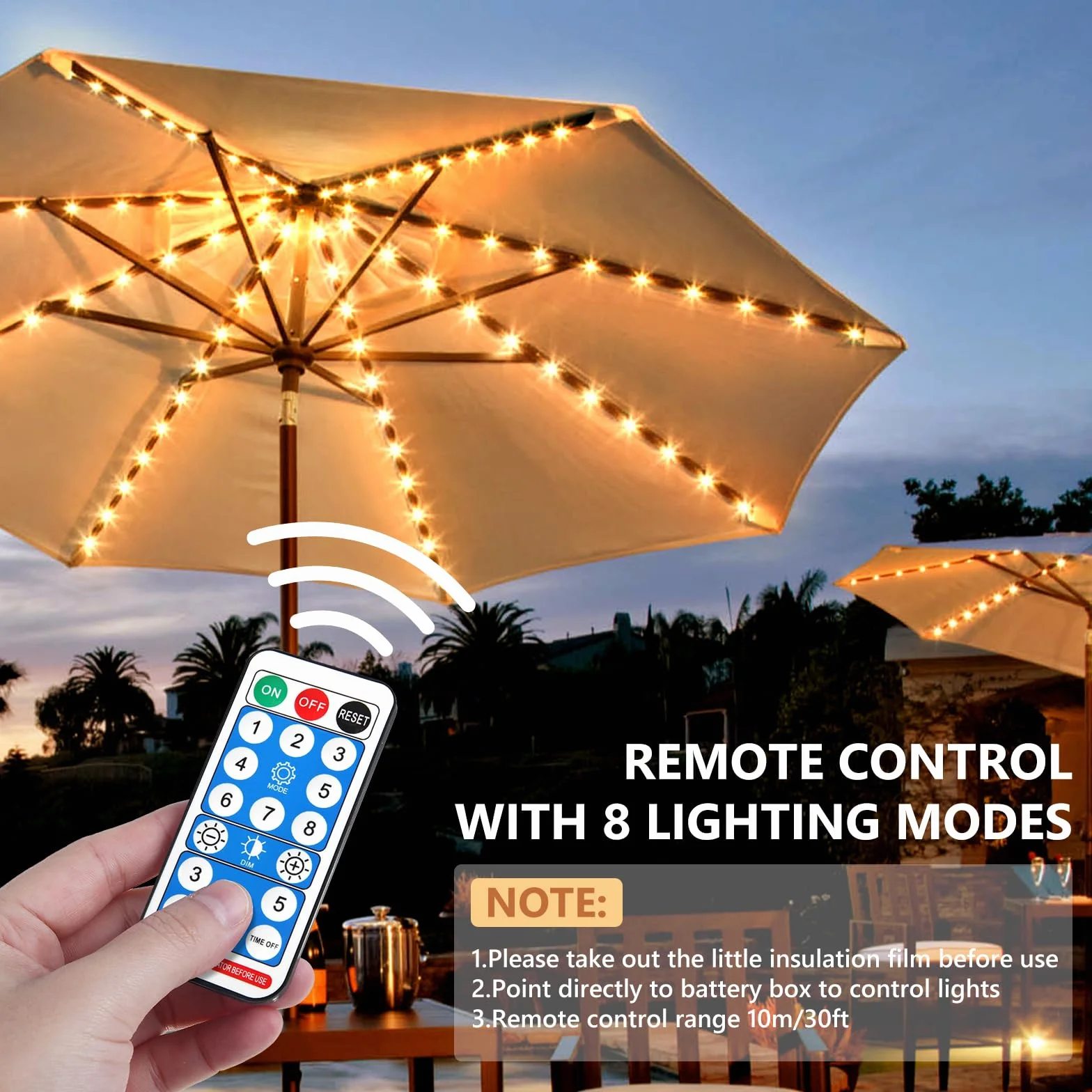 Illuminazione per ombrellone, illuminazione solare con telecomando, 104 LED, 8 modalità, luci a LED per ombrellone, impermeabile, per tende da campeggio, per interni ed esterni