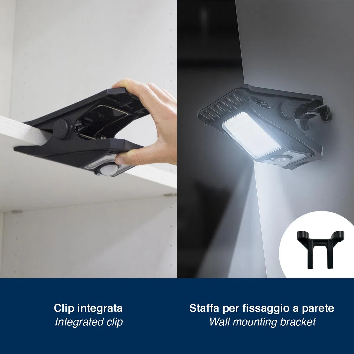 BEPER P207ILO003 Lampada Solare con Clip, Luce LED da Esterno con Sensore di Movimento, 3 Modalità di Illuminazione, Ricarica Solare, IP65, per Giardino, Recinzioni e Campeggio