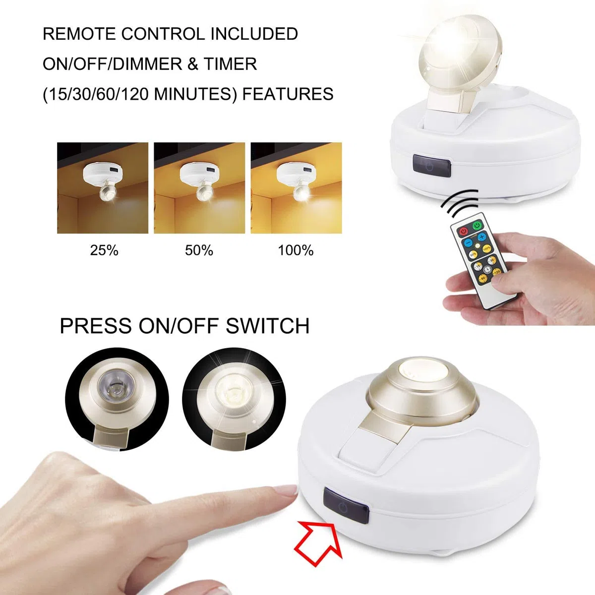 HONWELL Lampada da parete a LED con interruttore, dimmerabile, funzionamento a batteria con telecomando, timer, illuminazione per bersaglio, immagini, soffitto, cucina, armadio, corridoio, 2 pezzi