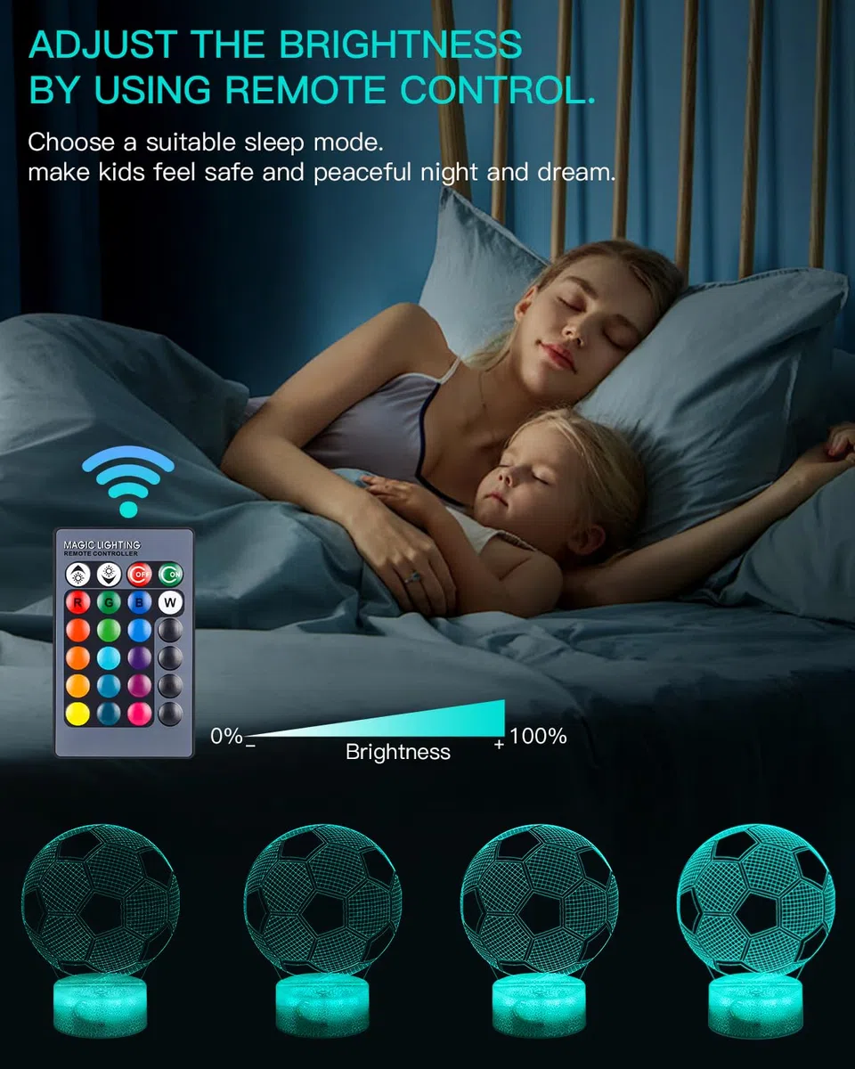 Yulado Luci Notturna 3D, Lampade 3D Illusione Ottica Luce Notturna con 16 Cambi di Colore e Telecomando, Regalo de Calcio per Bambini 7 anni maschio