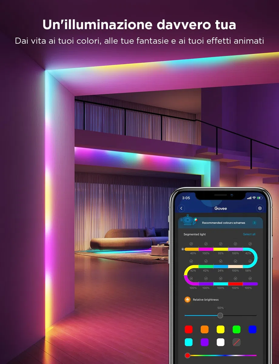 Govee Striscia LED 5M, RGBIC LED Strisce con Controllo a Segmenti, Sincronizzazione Musicale, 64 Modalità Scena, Controllabile tramite App, Cambio Colore, per Casa e Camera da Letto