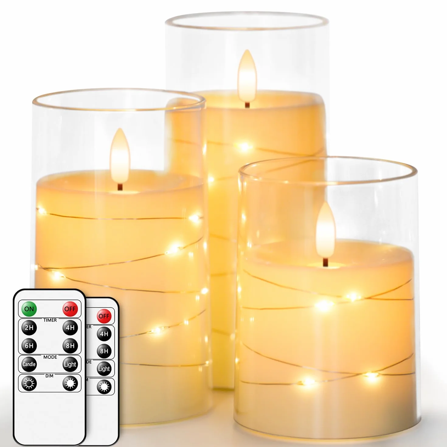Candele LED con Glass Effect, Fiamma Oscillante, Candela a Batteria Senza Fiamma con Timer e Telecomando, Candele Elettriche, Set di 3, Diametro 7.6 cm, Altezza 10.2 12.7 15.3 cm