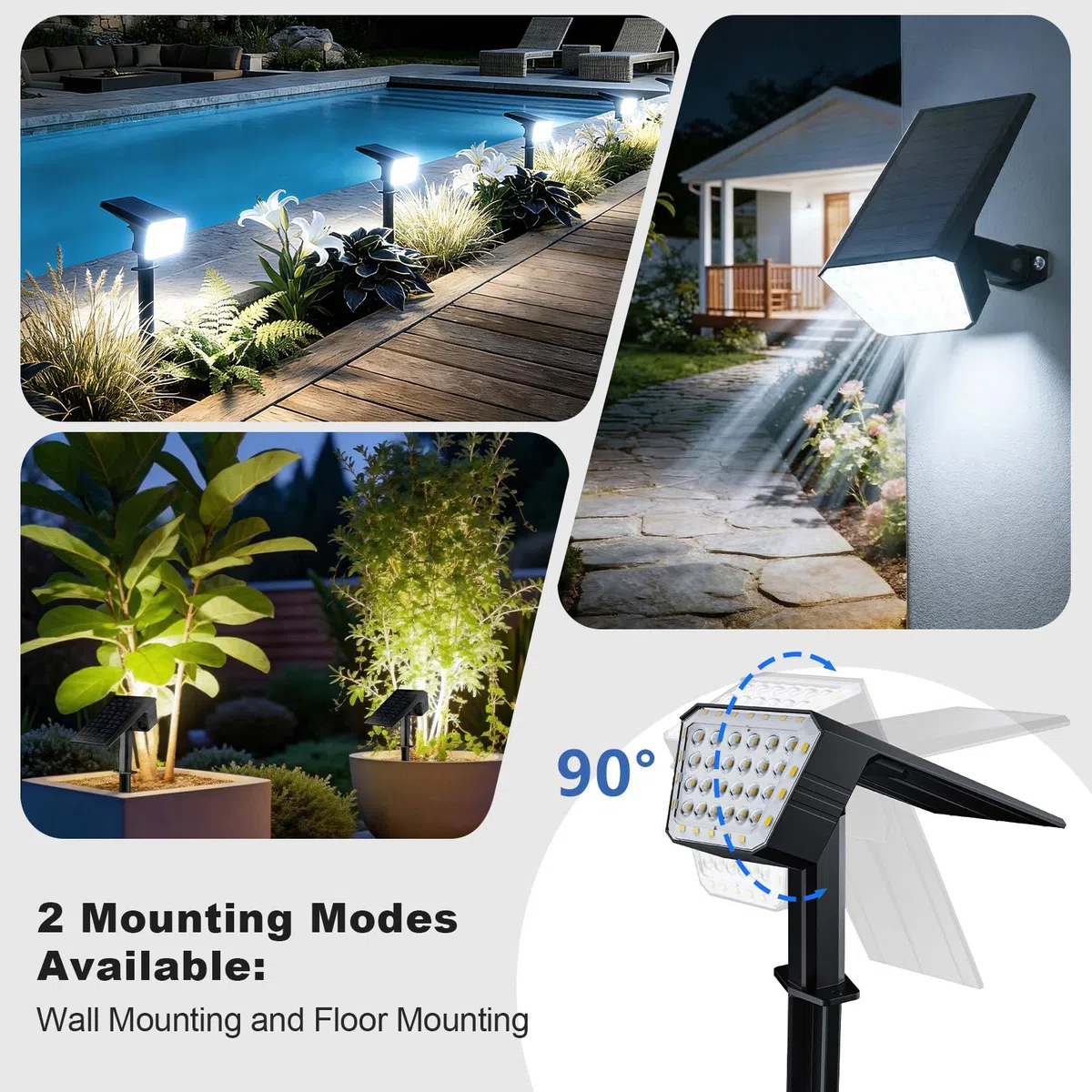 FIFlying Faretti Solari da Esterno 4 Pezzi, 44 LED Faretti Solari a LED da Esterno, 3 Modalità IP67 Impermeabile Lampade da Giardino per Cortile, Patio, Vialetto, Alberi - Bianco Freddo