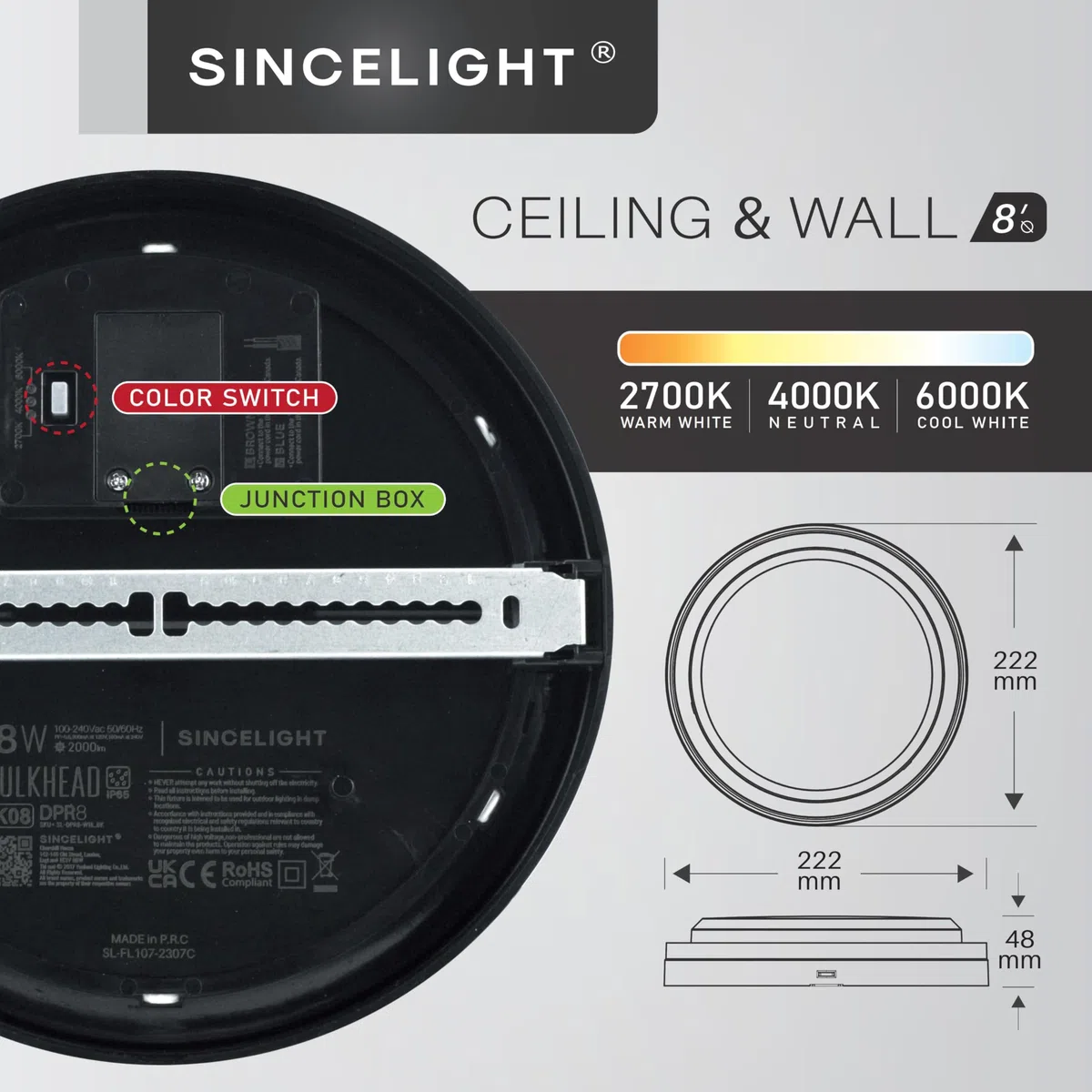 SINCELIGHT LED Plafoniere o Applique per Esterni e Bagno, IP65 Impermeabile, Φ222mm, 18W, 2000lm, Moderna Lampade da Soffitto, Nero, Colore Regolabile da Bianco Caldo a Bianco Freddo