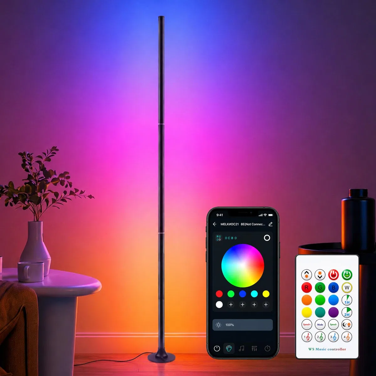 Lampada da Terra RGB per Soggiorno 120 cm,Luce ad Angolo Dimmerabile con app Intelligente e Telecomando,16 Milioni di Colori, Sincronizzazione Musicale,Runzione di Temporizzazione per Camera da Letto
