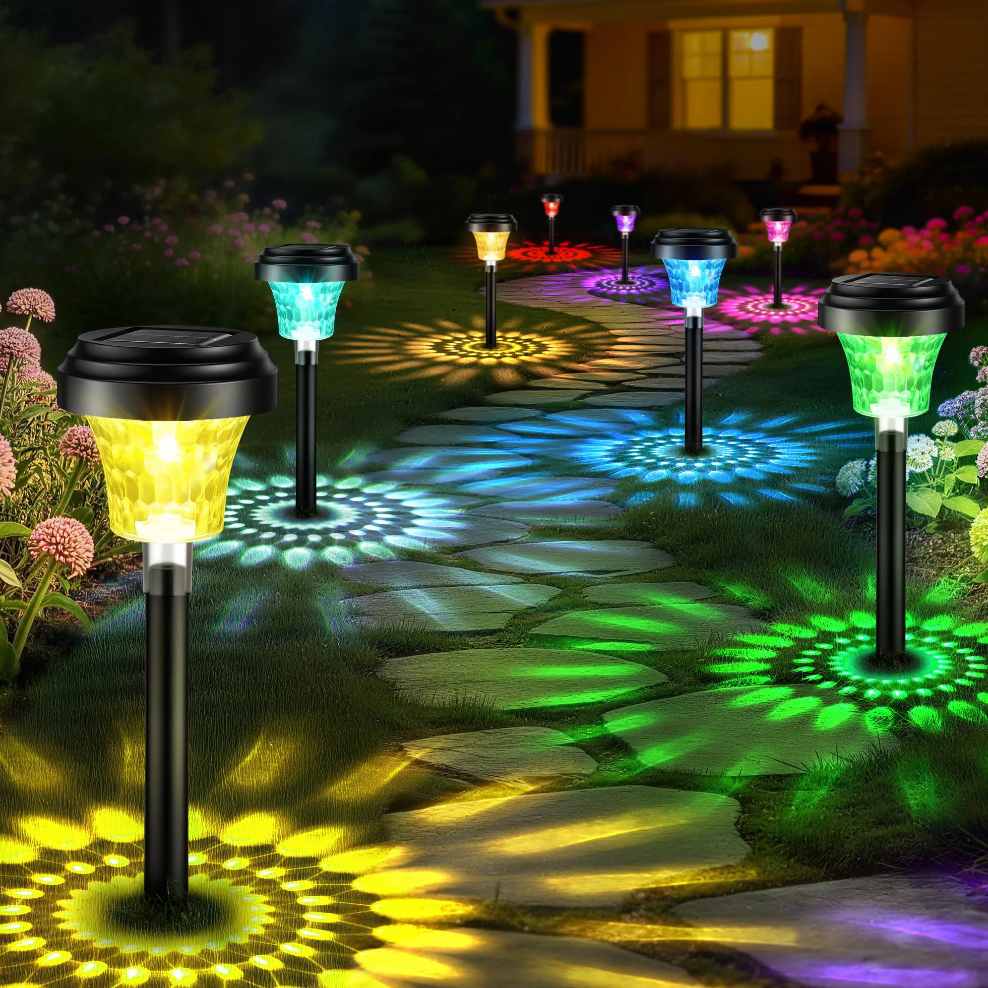 Luci da Esterno Giardino Solari 8 Pezzi, Lampade Solari da Giardino con Luce Calda e 7 Colori RGB, Illuminazione Luci Solare Esterno Impermeabile IP65 per Sentieri, Decorazione di Giardini