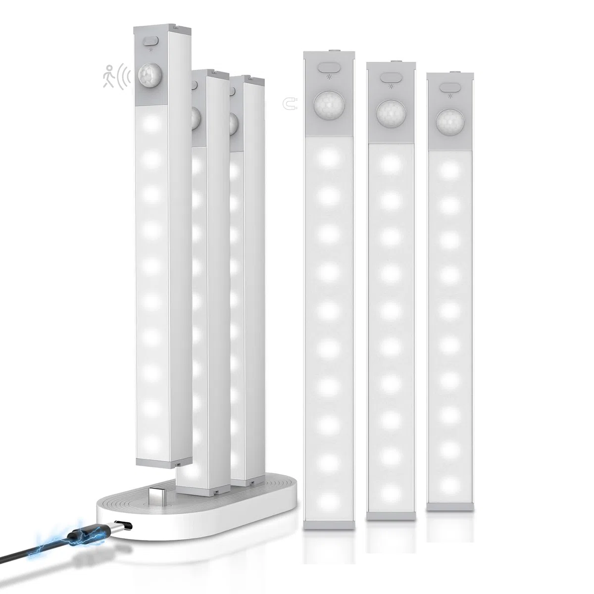 GOODEA Alluminio 6 Dimming Luce Armadio LED Ricaricabile 18cm Senza Fili con Stazione di Carica Barra LED Luce Armadio con Sensore di Movimento luce notturna per Armadio da Lingerie