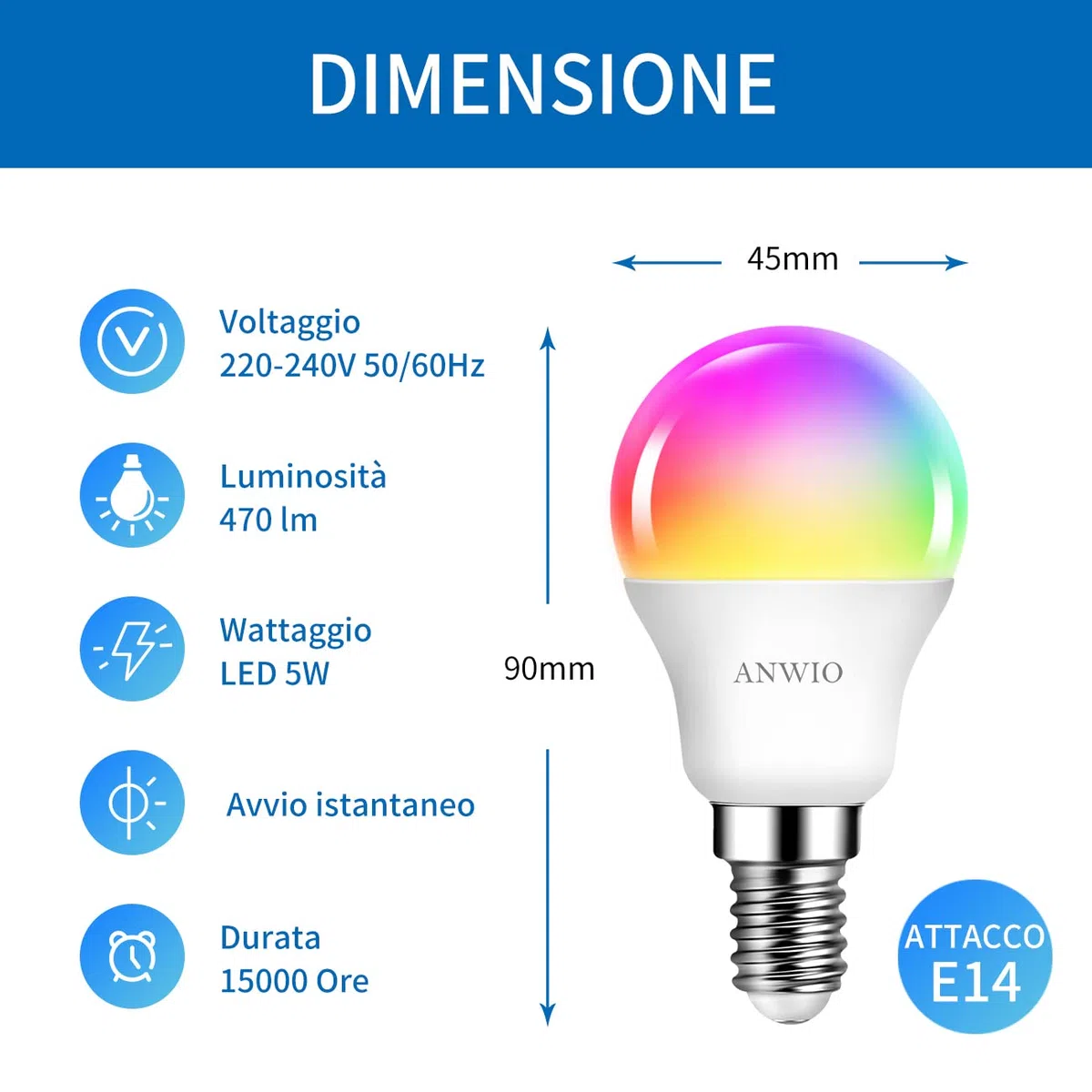 ANWIO Lampadina Alexa, Lampadina Smartx, 5W Equivalenti a 40W, 470Lm, G45,Lampada Smart Wifi E14 con Telecomando Compatibile con Alexa, Echo and Google Assistant, RGB Intelligente Dimmerabile,2 Pcs