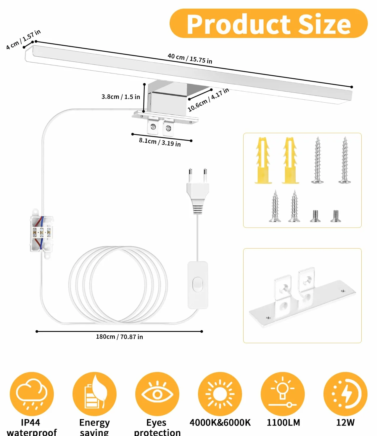 Lampada Bagno LED, 4000K 6000K Temperatura Bicolore, 40cm 12W Specchiera Bagno Impermeabile dello Specchio dell'alluminio con l'interruttore Cablaggio, Illuminazione Della Luci Specchio Mobile