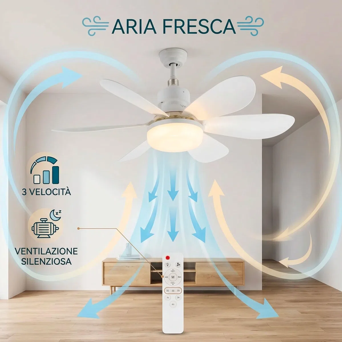 Ventilatore da Soffitto con Luce LED E27 e Telecomando, Ventilatore Lampadario 42 cm con 3 Velocità e 3 Colori di Luce, Ventilatore da Soffitto Silenzioso con Attacco E27 Universale per Camera, Cucina